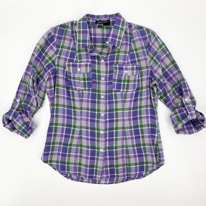 Sandra Ingrish Lightweight Cotton Plaid Roll-Tab Sleeve Button Down Shirt